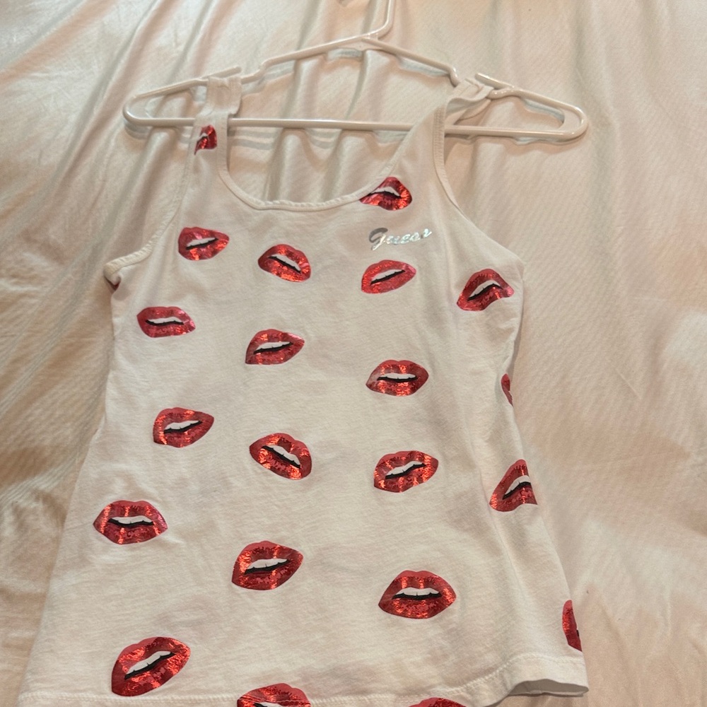 Guess White Tank with Red Sequin Lip Motif